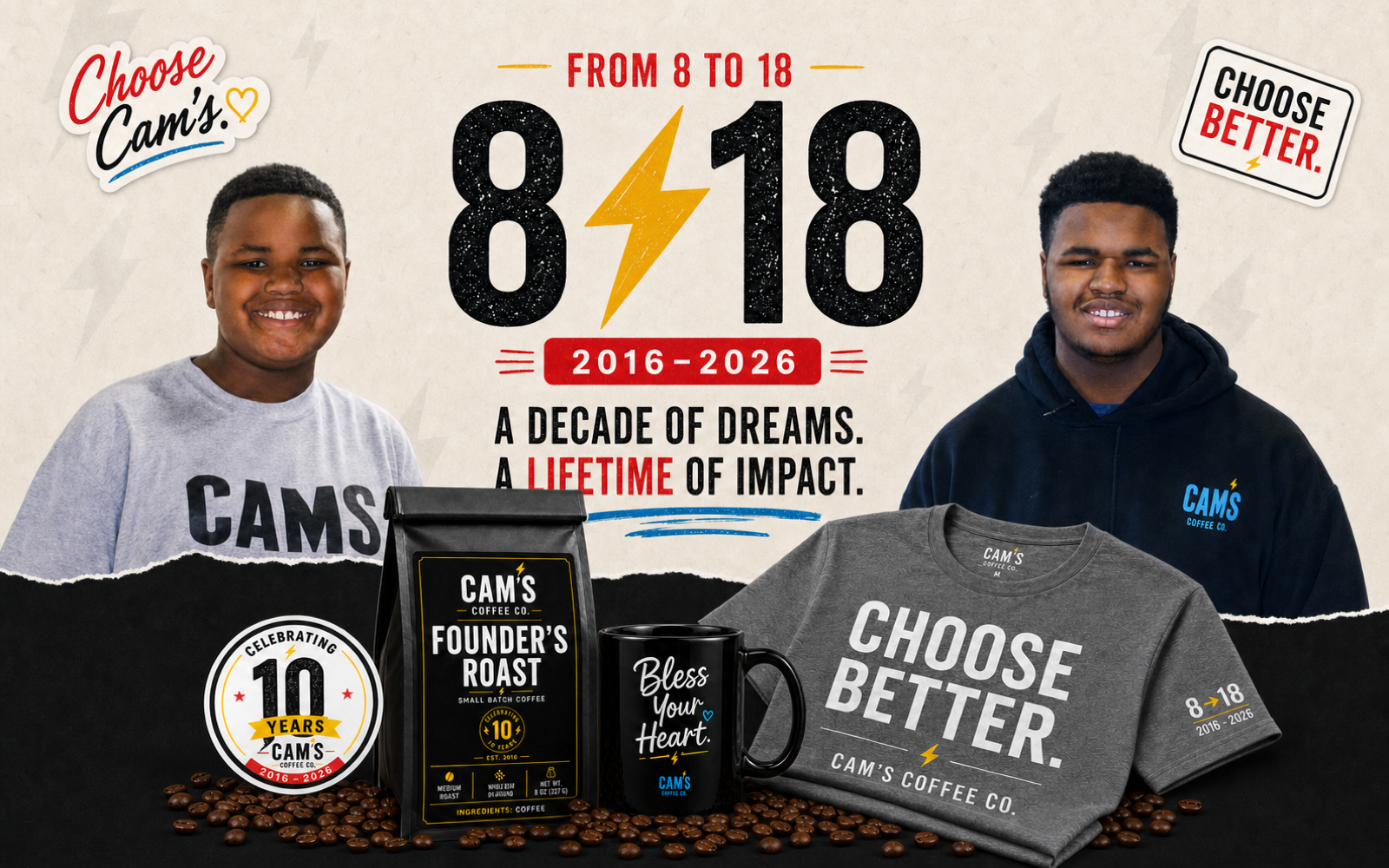 Cam at eight and eighteen with the Founder's Roast, Bless Your Heart mug, Choose Better shirt, and ten-year anniversary badge
