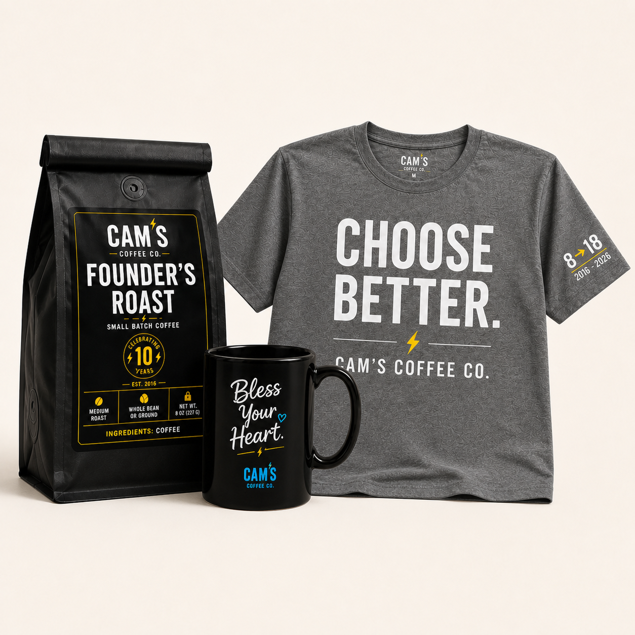 Founder's Roast, Bless Your Heart mug, and Choose Better T-shirt