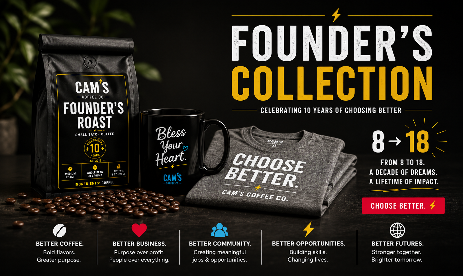 Cam's Coffee Founder's Collection, celebrating 10 years of choosing better